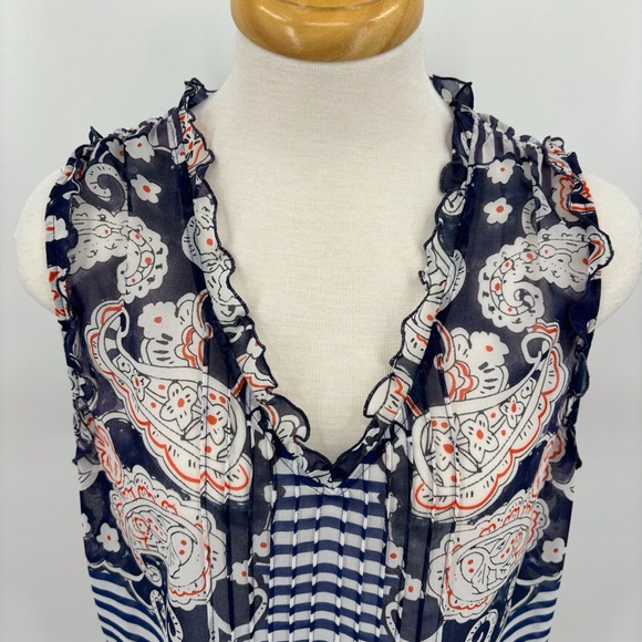 Cabi Peplum Blouse #5349, Mixed Print Semi-Transparent V-Neck Sleeveless Top, XS - Picture 5 of 16